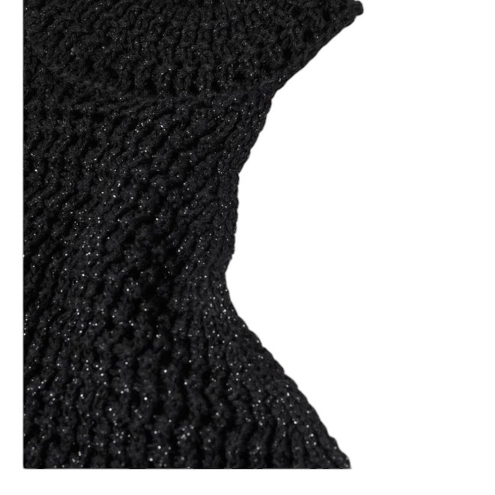 Mango Black Shimmer Halter Open Knit sheer Mini Dress Sleek Mini party Dress LBD - Picture 12 of 13
